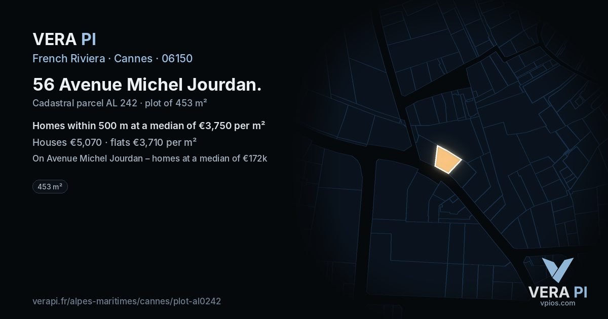 56 Avenue Michel Jourdan, Cannes at night – the plot lit, the parcels around coloured by the prices near them