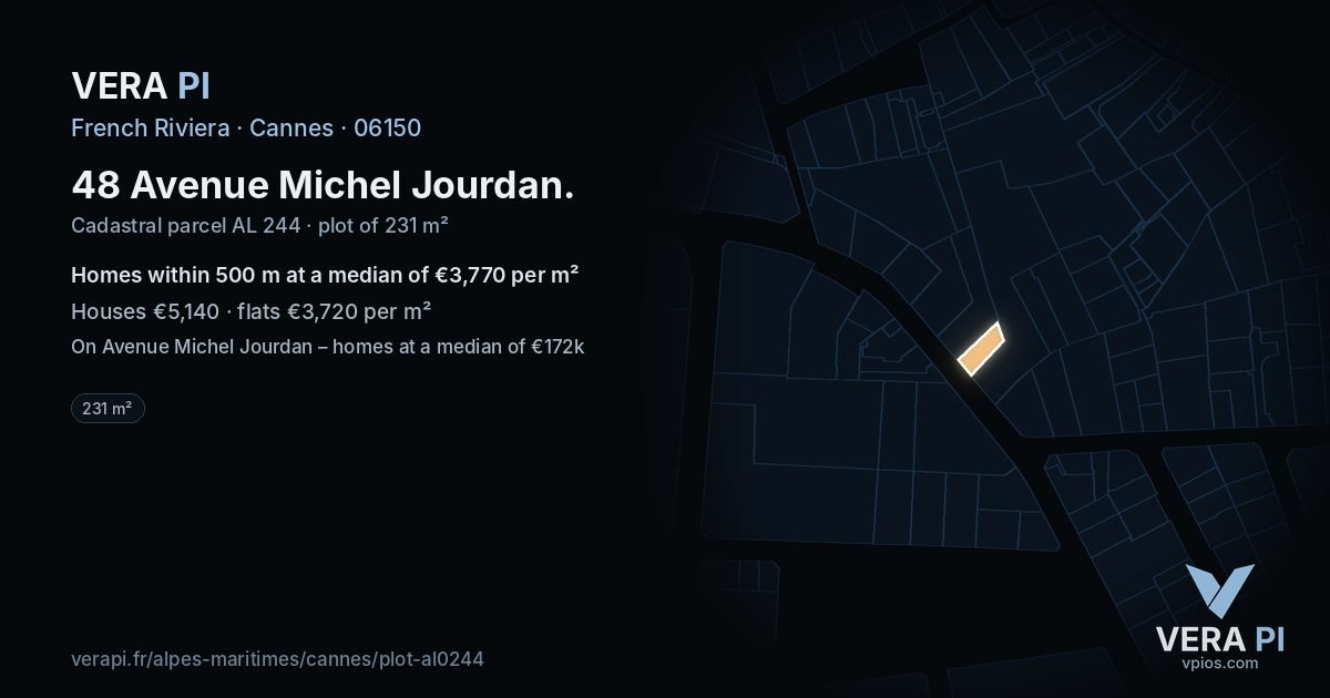 48 Avenue Michel Jourdan, Cannes at night – the plot lit, the parcels around coloured by the prices near them