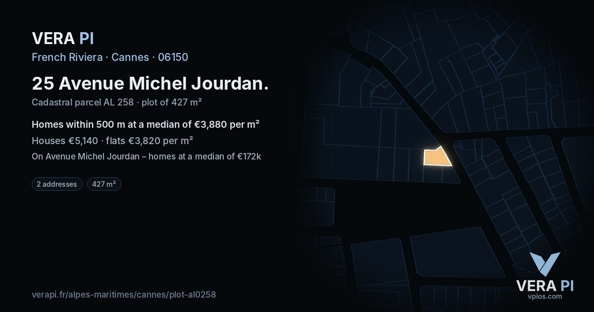 25 Avenue Michel Jourdan, Cannes at night – the plot lit, the parcels around coloured by the prices near them