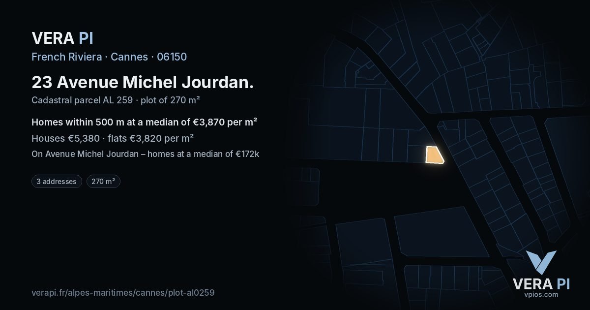23 Avenue Michel Jourdan, Cannes at night – the plot lit, the parcels around coloured by the prices near them