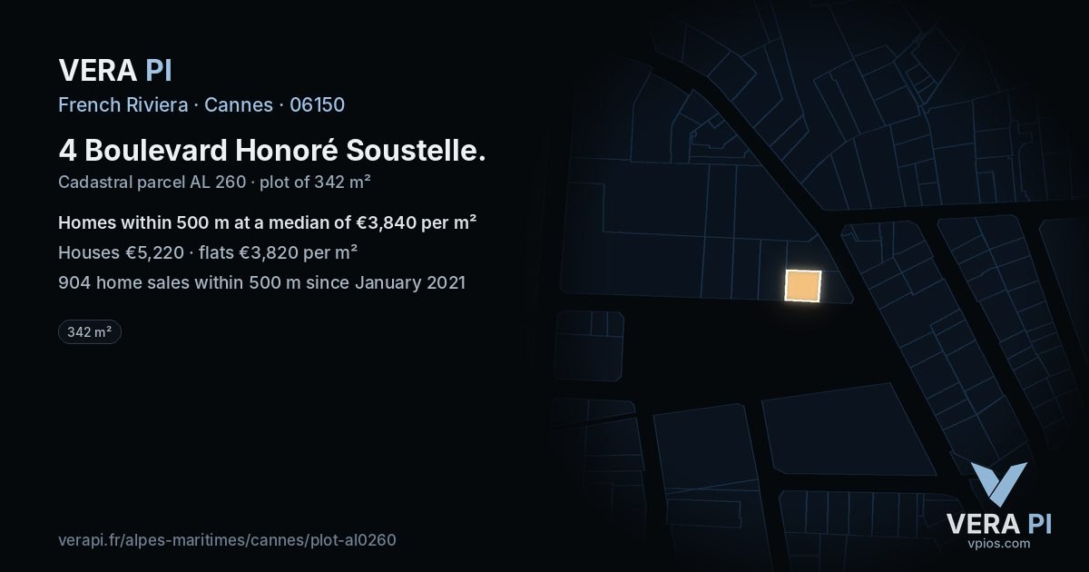 4 Boulevard Honoré Soustelle, Cannes at night – the plot lit, the parcels around coloured by the prices near them