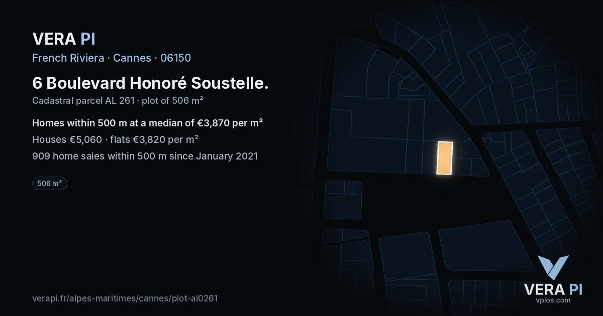 6 Boulevard Honoré Soustelle, Cannes at night – the plot lit, the parcels around coloured by the prices near them