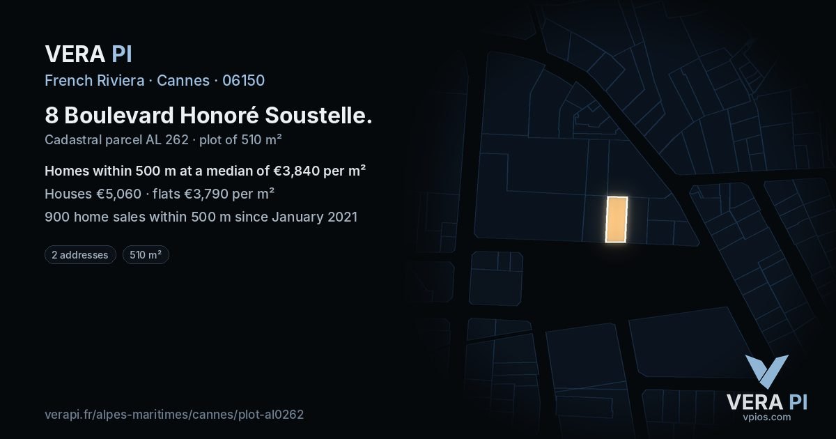 8 Boulevard Honoré Soustelle, Cannes at night – the plot lit, the parcels around coloured by the prices near them