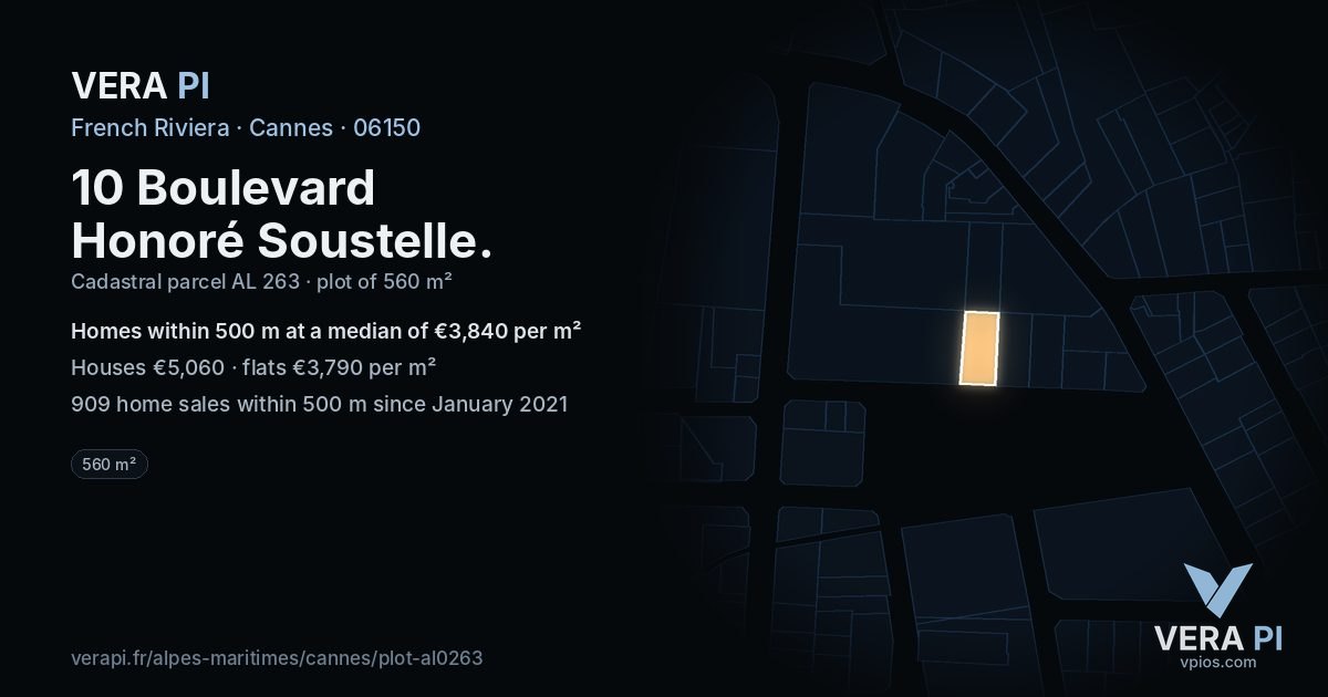 10 Boulevard Honoré Soustelle, Cannes at night – the plot lit, the parcels around coloured by the prices near them