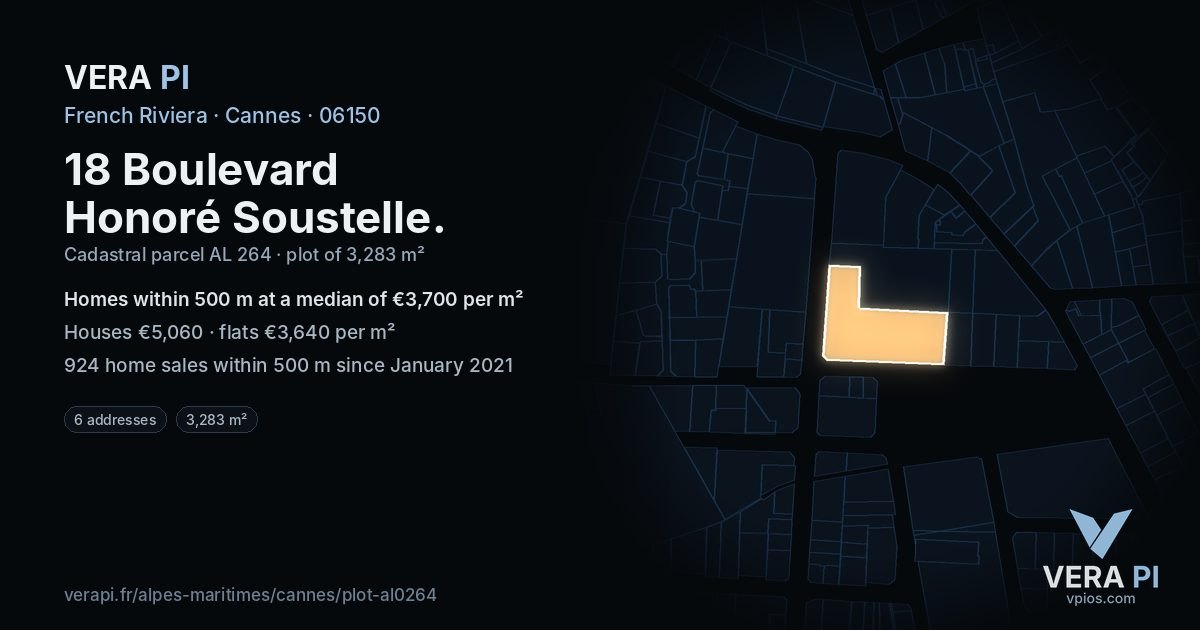 18 Boulevard Honoré Soustelle, Cannes at night – the plot lit, the parcels around coloured by the prices near them