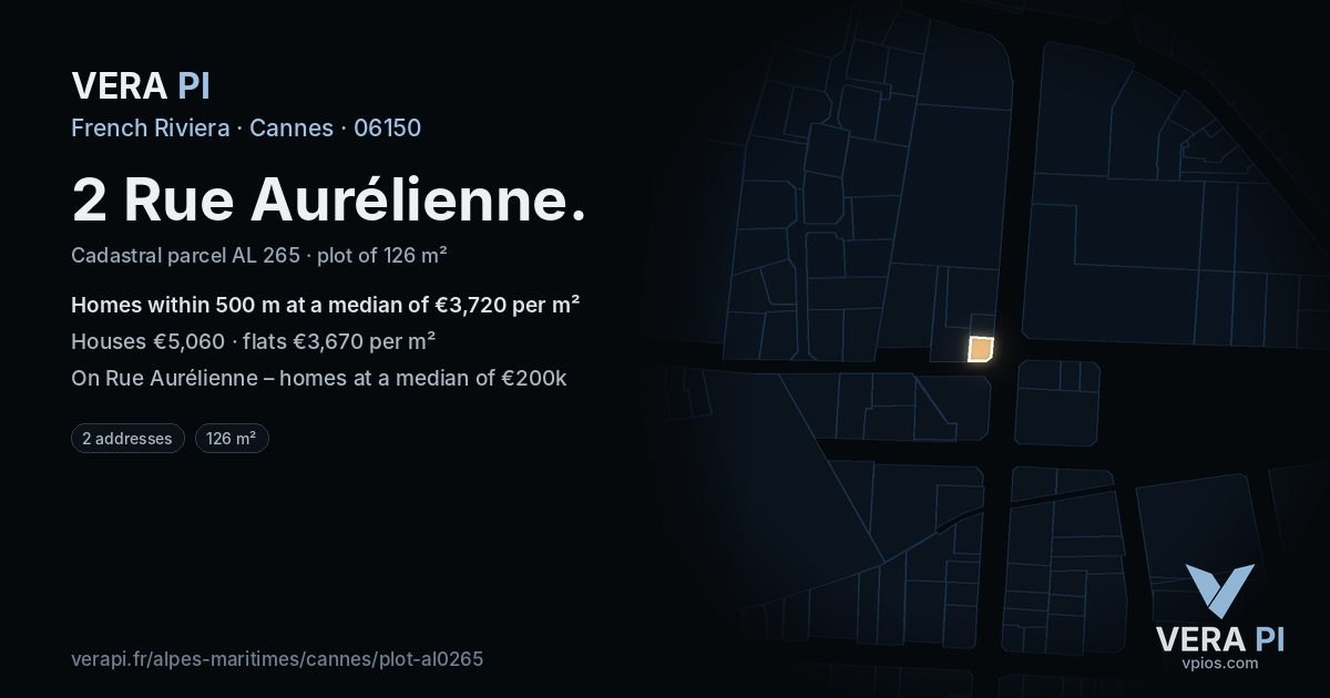2 Rue Aurélienne, Cannes at night – the plot lit, the parcels around coloured by the prices near them