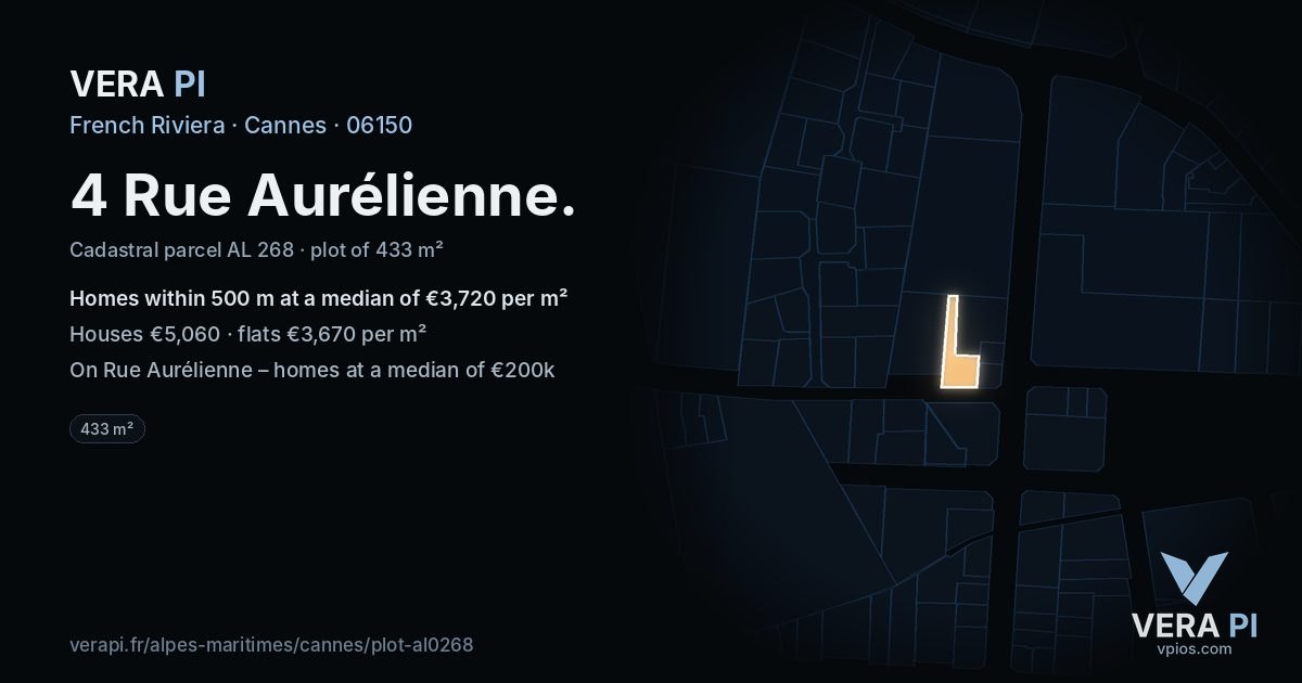 4 Rue Aurélienne, Cannes at night – the plot lit, the parcels around coloured by the prices near them