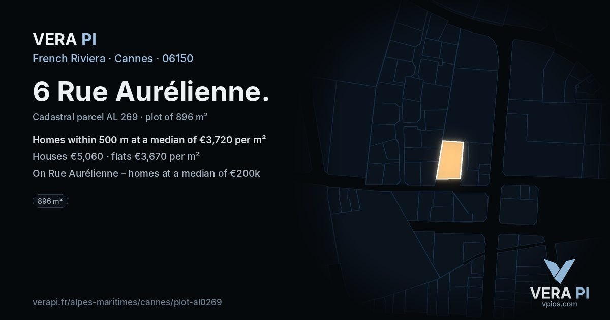 6 Rue Aurélienne, Cannes at night – the plot lit, the parcels around coloured by the prices near them