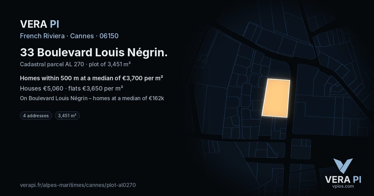 33 Boulevard Louis Négrin, Cannes at night – the plot lit, the parcels around coloured by the prices near them