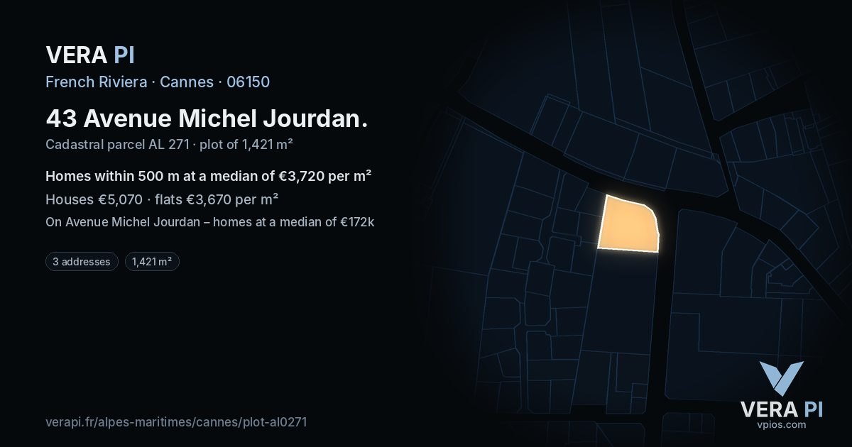 43 Avenue Michel Jourdan, Cannes at night – the plot lit, the parcels around coloured by the prices near them