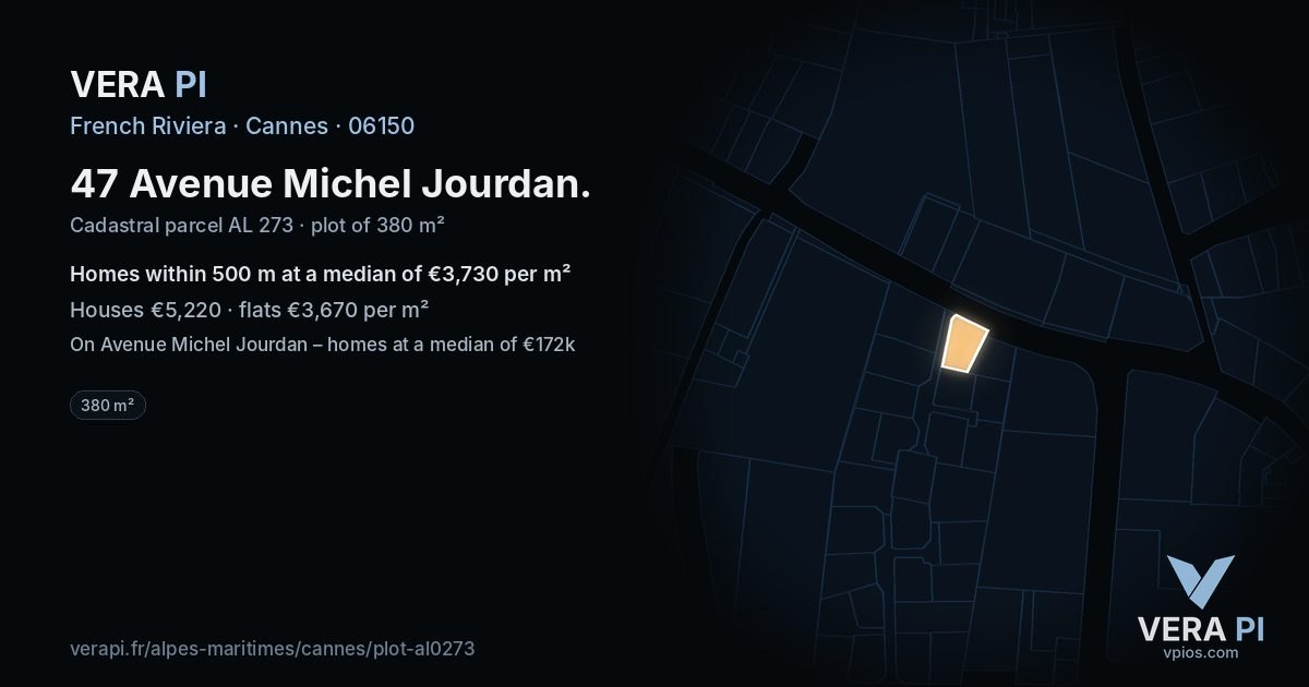 47 Avenue Michel Jourdan, Cannes at night – the plot lit, the parcels around coloured by the prices near them