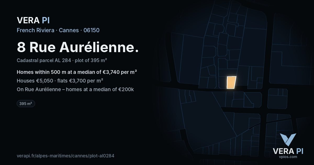8 Rue Aurélienne, Cannes at night – the plot lit, the parcels around coloured by the prices near them