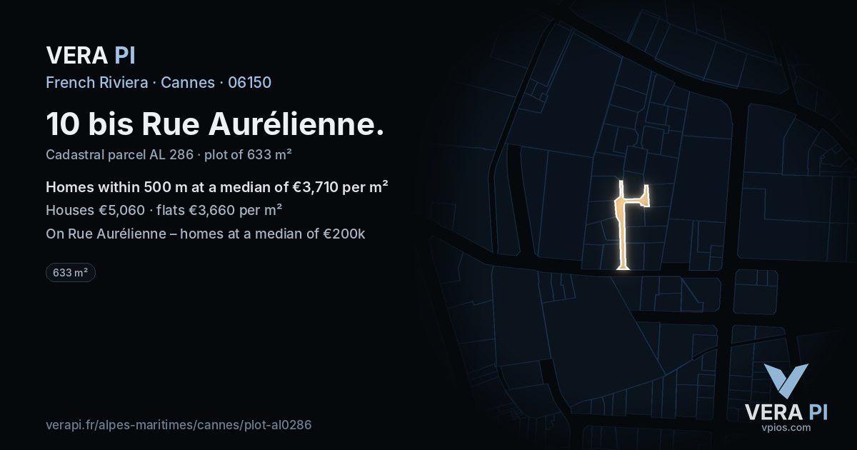 10 bis Rue Aurélienne, Cannes at night – the plot lit, the parcels around coloured by the prices near them