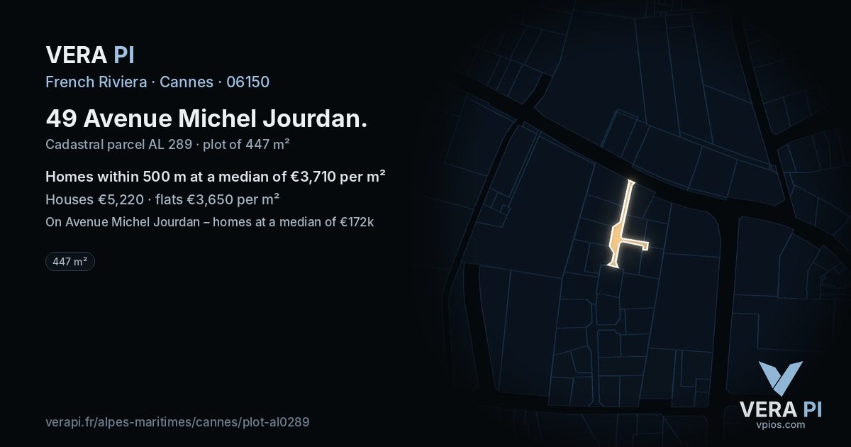 49 Avenue Michel Jourdan, Cannes at night – the plot lit, the parcels around coloured by the prices near them