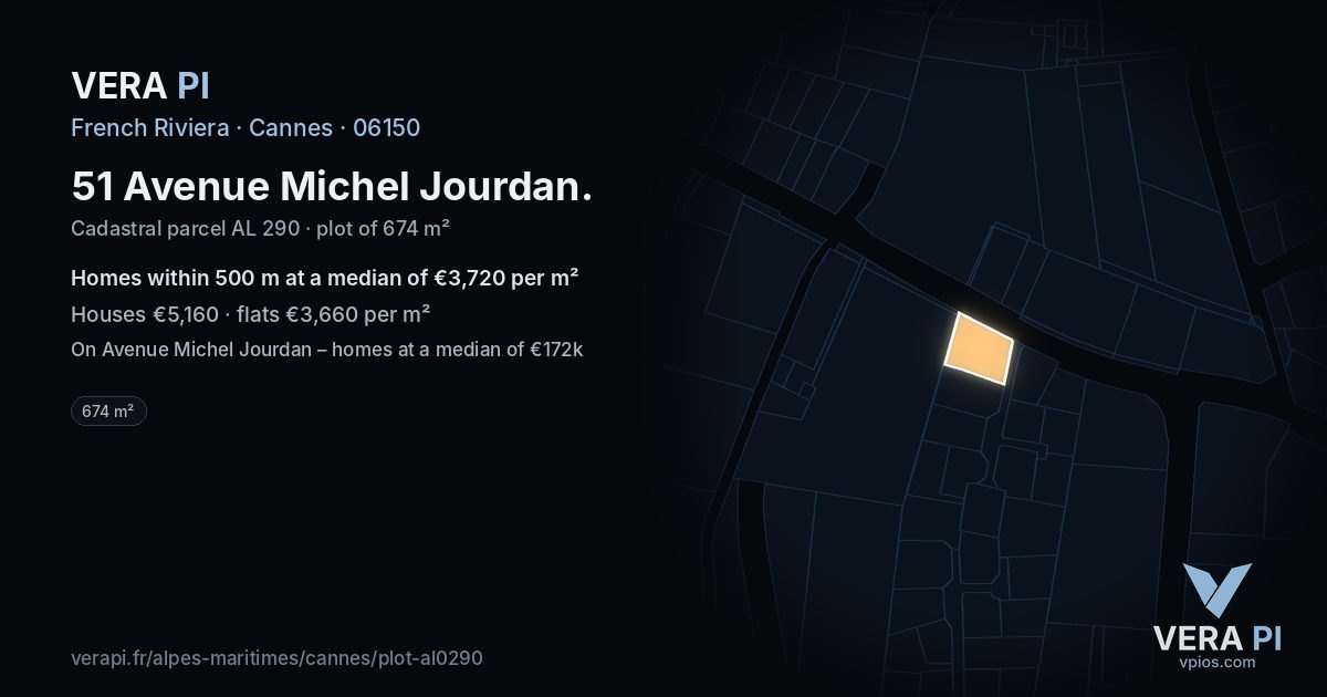 51 Avenue Michel Jourdan, Cannes at night – the plot lit, the parcels around coloured by the prices near them
