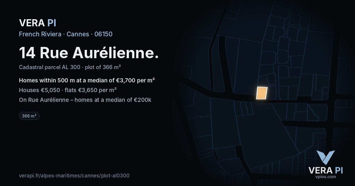 14 Rue Aurélienne, Cannes at night – the plot lit, the parcels around coloured by the prices near them