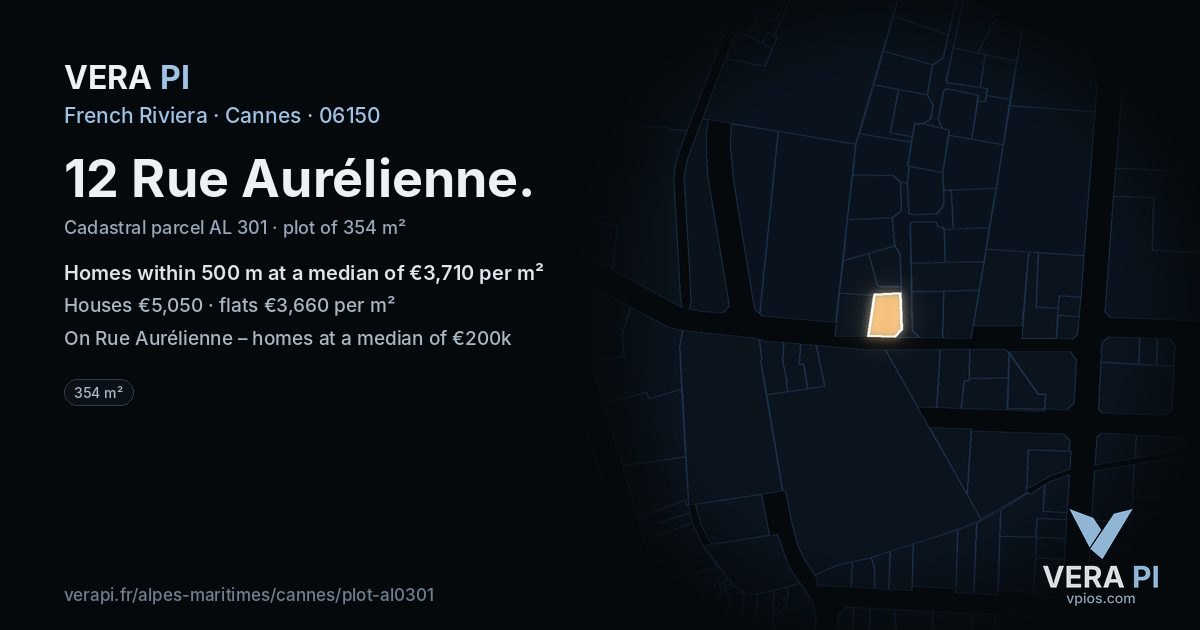 12 Rue Aurélienne, Cannes at night – the plot lit, the parcels around coloured by the prices near them
