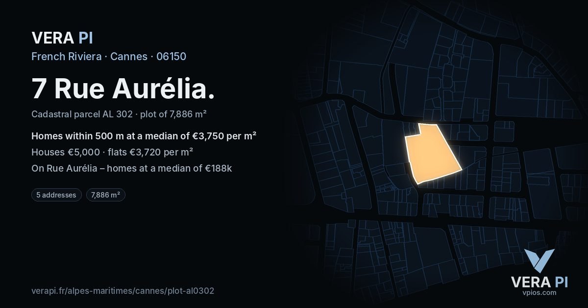 7 Rue Aurélia, Cannes at night – the plot lit, the parcels around coloured by the prices near them