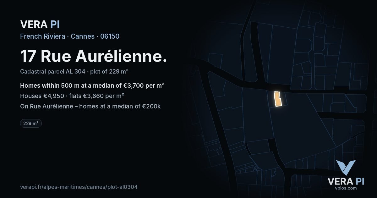 17 Rue Aurélienne, Cannes at night – the plot lit, the parcels around coloured by the prices near them
