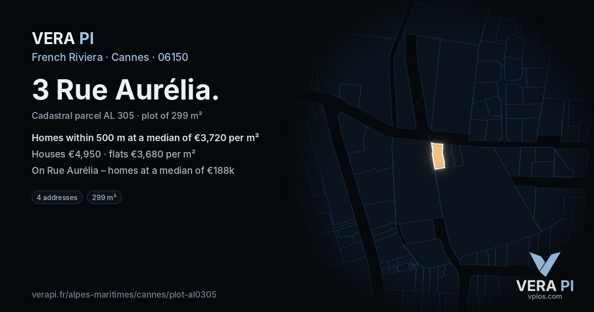 3 Rue Aurélia, Cannes at night – the plot lit, the parcels around coloured by the prices near them