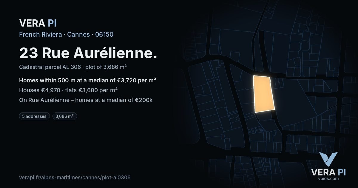 23 Rue Aurélienne, Cannes at night – the plot lit, the parcels around coloured by the prices near them