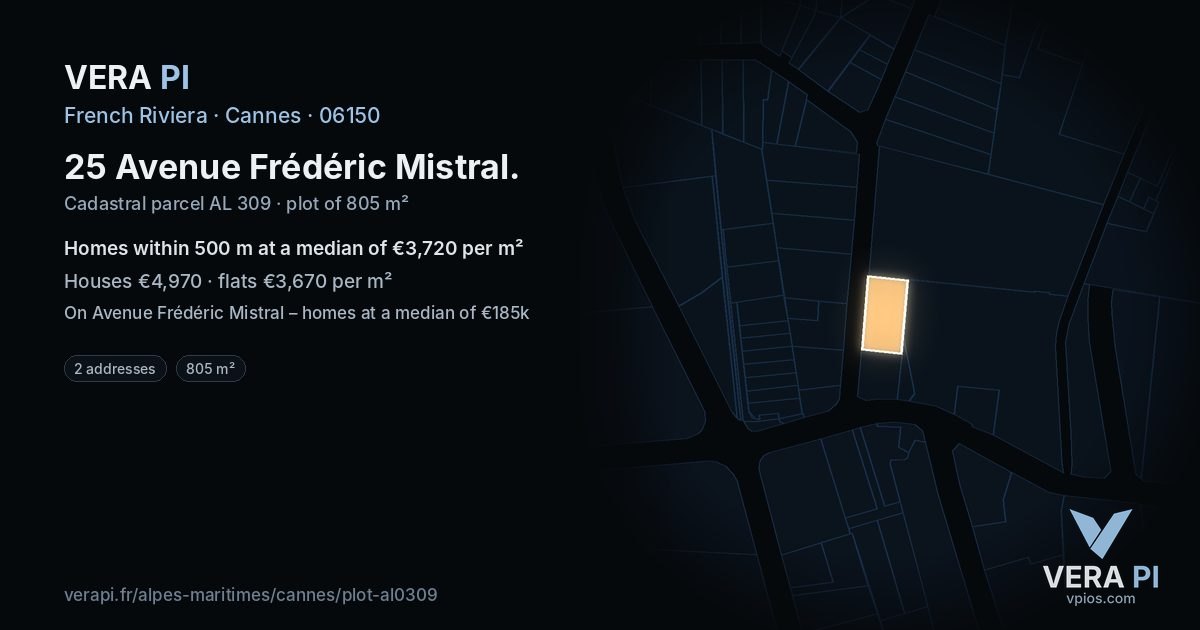 25 Avenue Frédéric Mistral, Cannes at night – the plot lit, the parcels around coloured by the prices near them