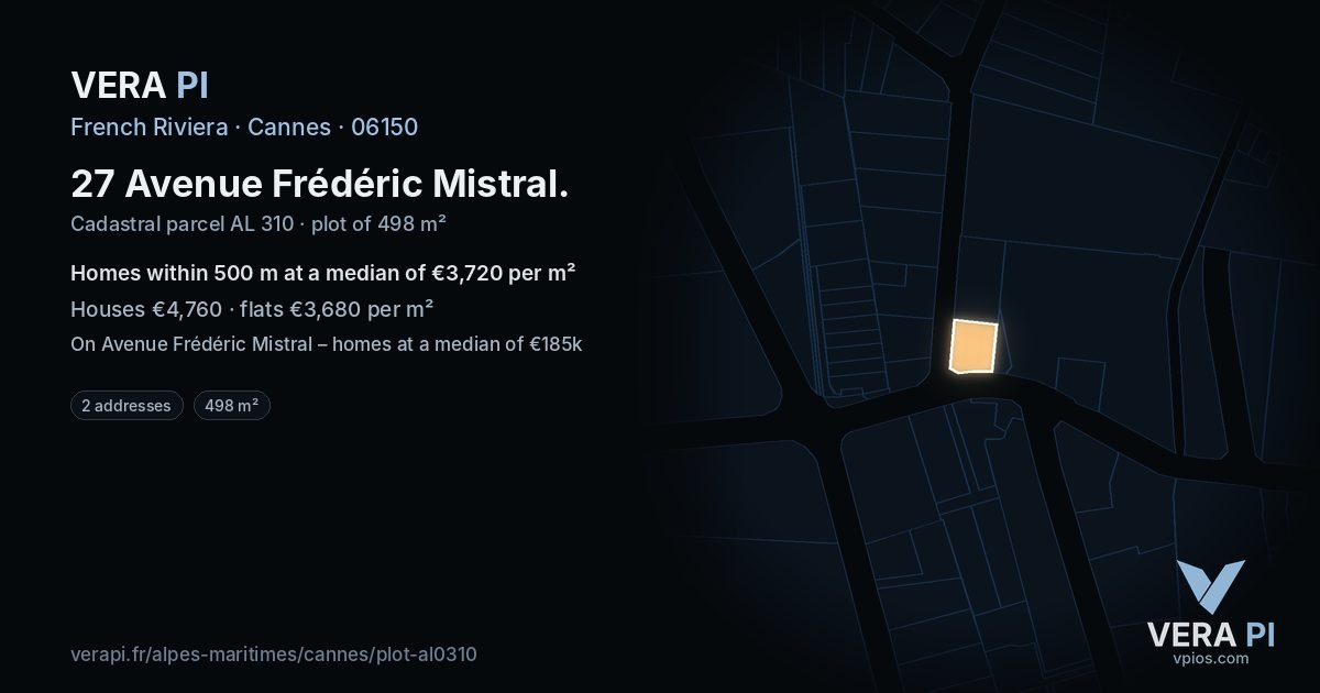 27 Avenue Frédéric Mistral, Cannes at night – the plot lit, the parcels around coloured by the prices near them