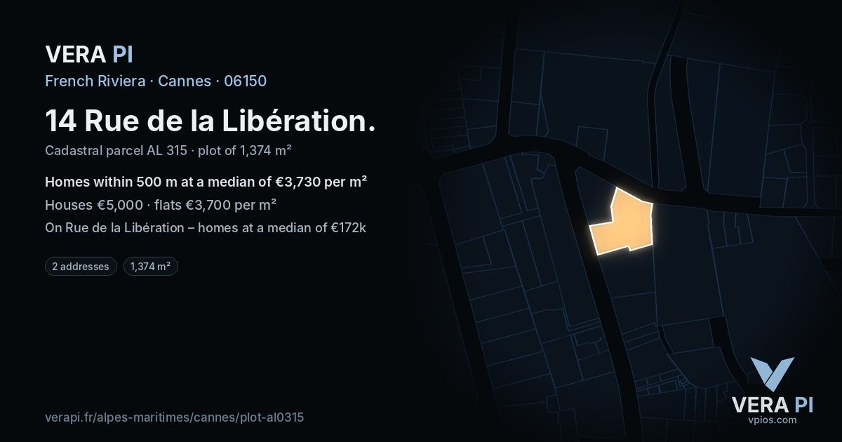 14 Rue de la Libération, Cannes at night – the plot lit, the parcels around coloured by the prices near them