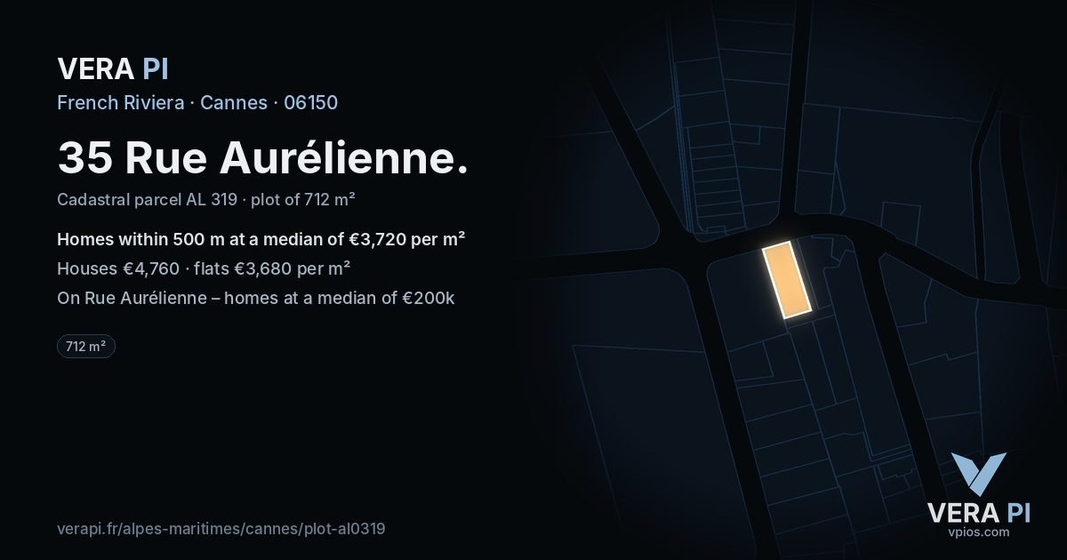 35 Rue Aurélienne, Cannes at night – the plot lit, the parcels around coloured by the prices near them