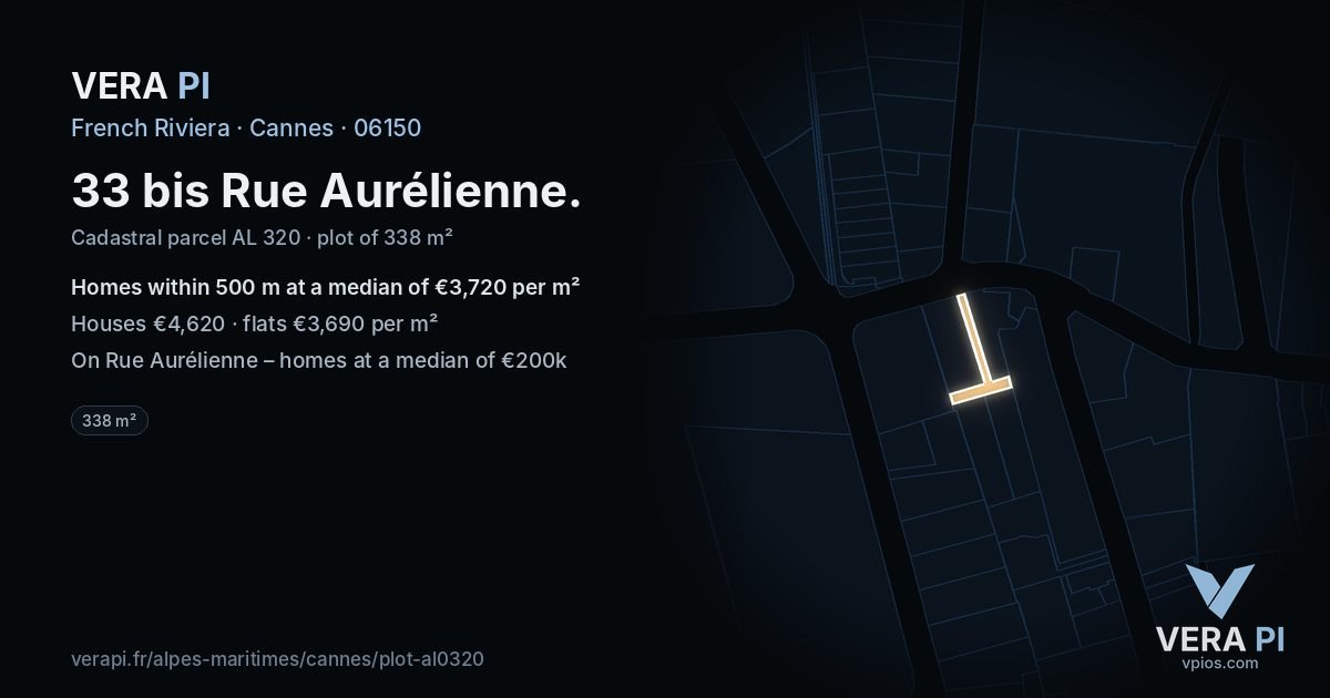 33 bis Rue Aurélienne, Cannes at night – the plot lit, the parcels around coloured by the prices near them