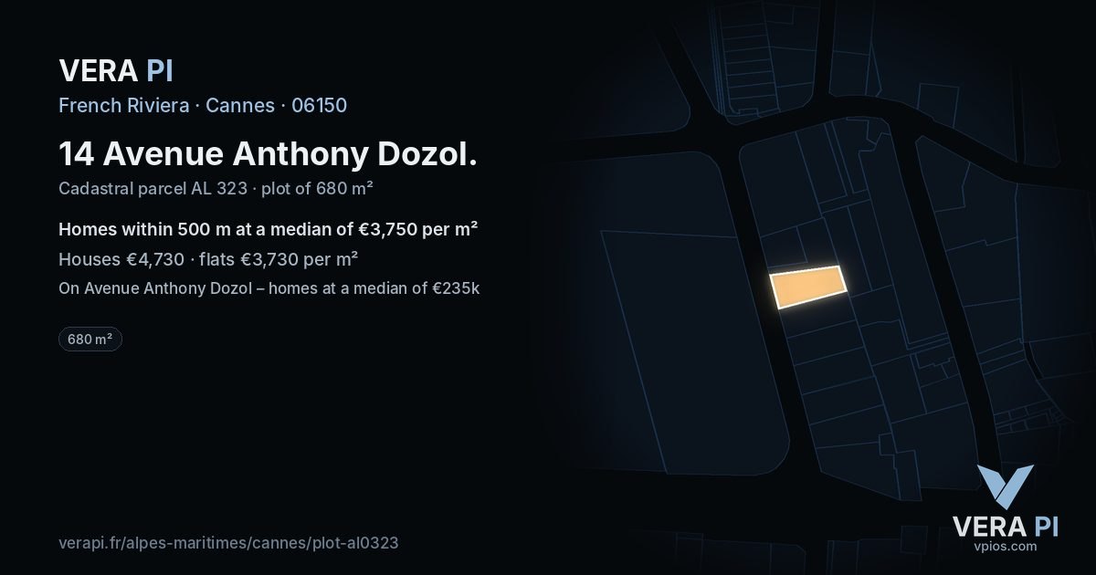 14 Avenue Anthony Dozol, Cannes at night – the plot lit, the parcels around coloured by the prices near them