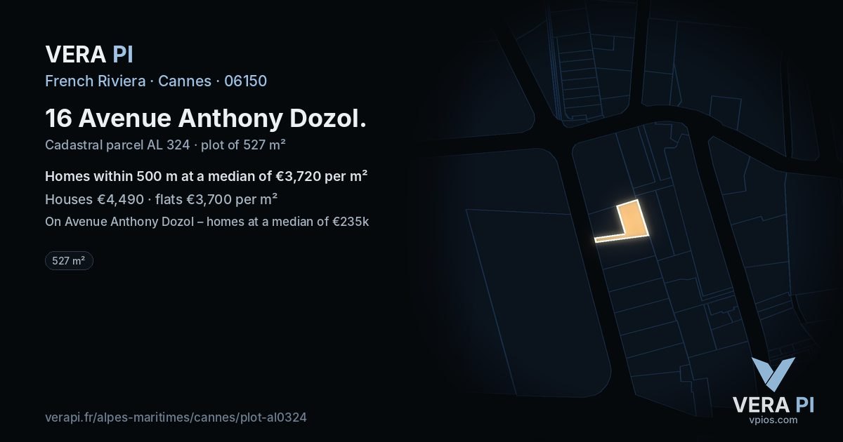 16 Avenue Anthony Dozol, Cannes at night – the plot lit, the parcels around coloured by the prices near them