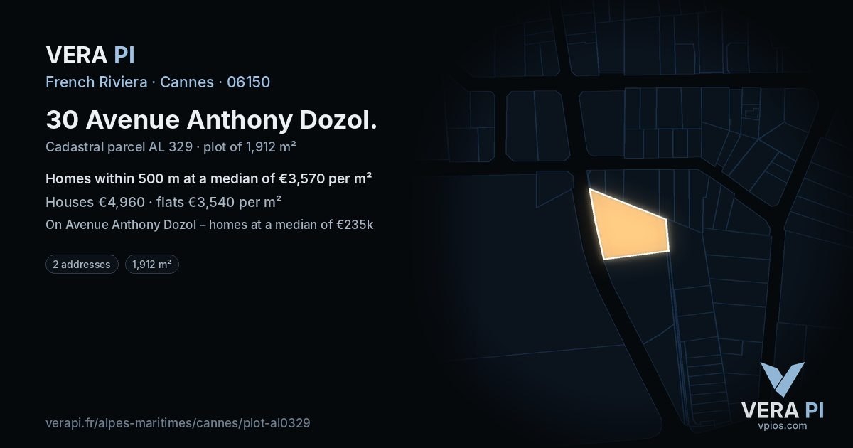30 Avenue Anthony Dozol, Cannes at night – the plot lit, the parcels around coloured by the prices near them