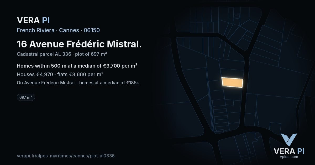 16 Avenue Frédéric Mistral, Cannes at night – the plot lit, the parcels around coloured by the prices near them