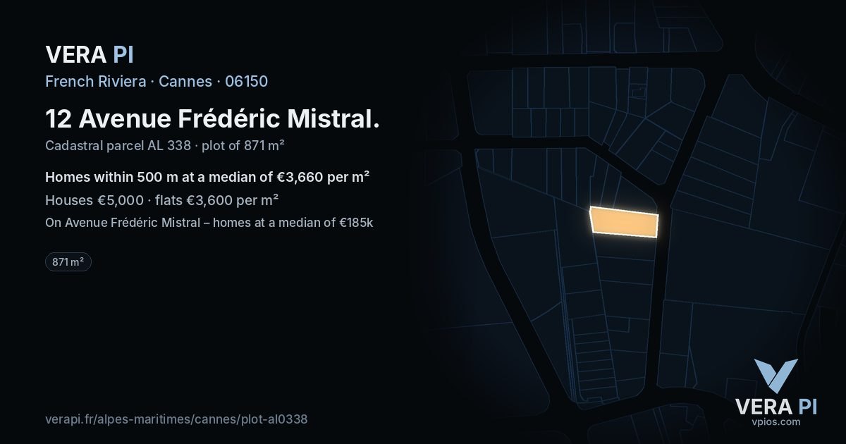 12 Avenue Frédéric Mistral, Cannes at night – the plot lit, the parcels around coloured by the prices near them