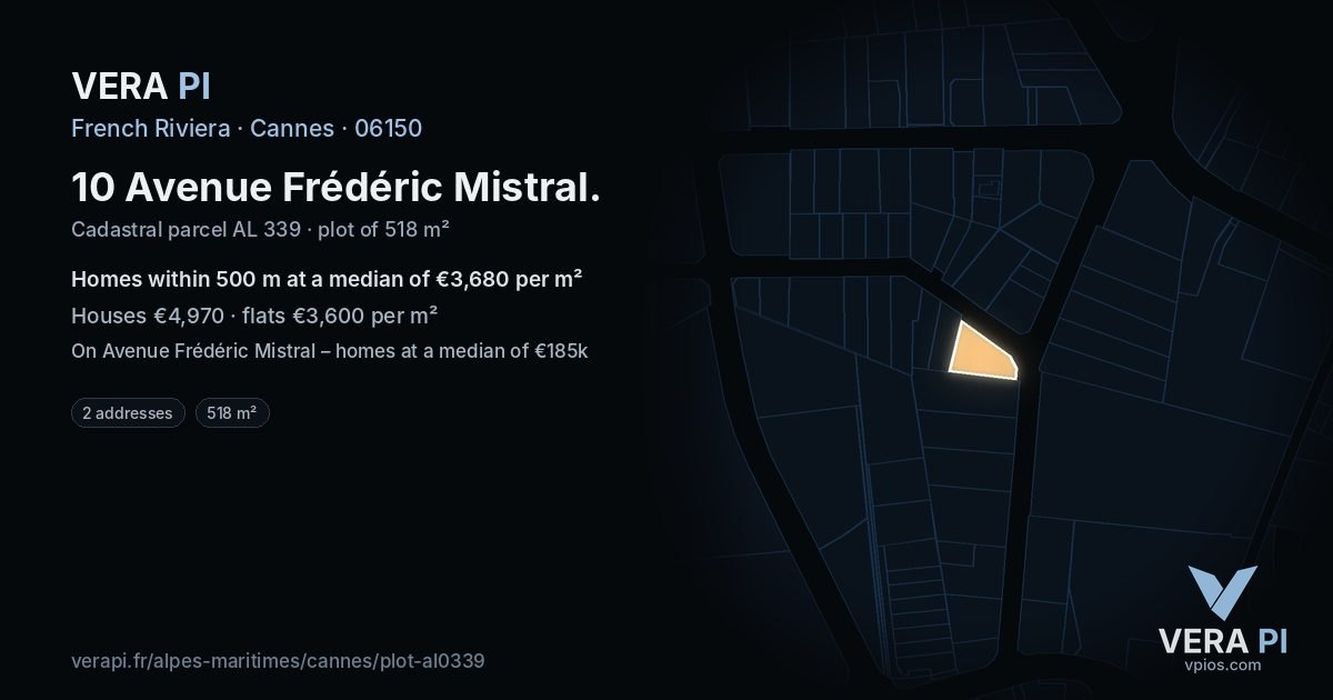 10 Avenue Frédéric Mistral, Cannes at night – the plot lit, the parcels around coloured by the prices near them