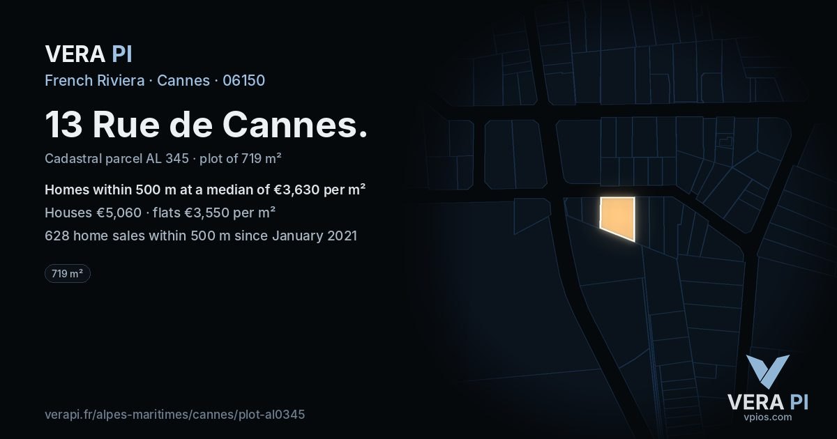 13 Rue de Cannes, Cannes at night – the plot lit, the parcels around coloured by the prices near them