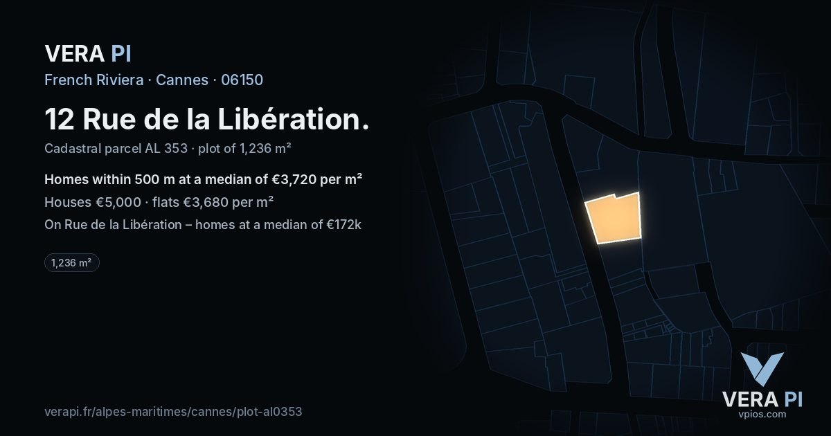 12 Rue de la Libération, Cannes at night – the plot lit, the parcels around coloured by the prices near them