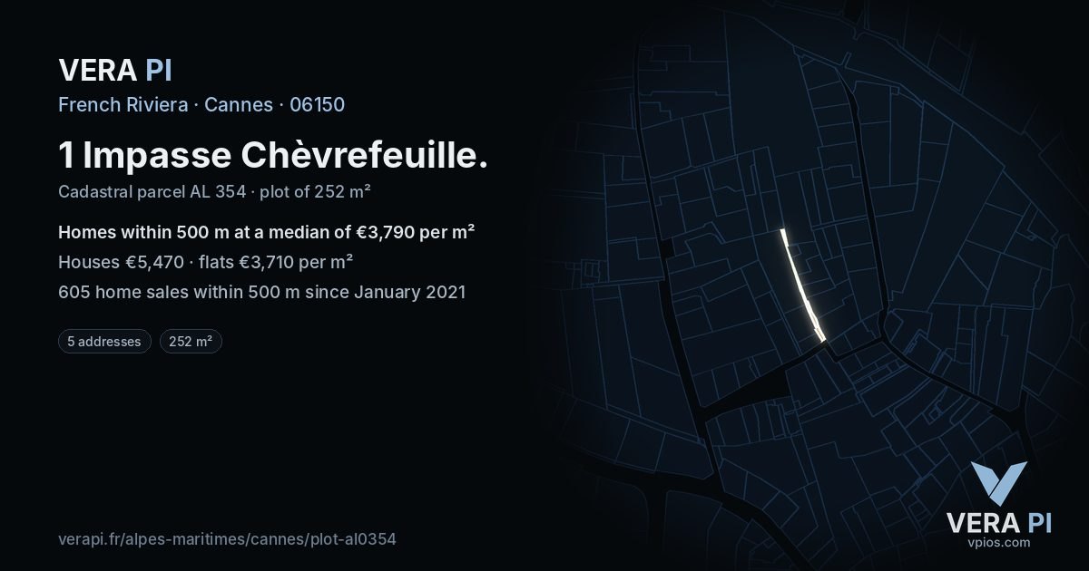 1 Impasse Chèvrefeuille, Cannes at night – the plot lit, the parcels around coloured by the prices near them