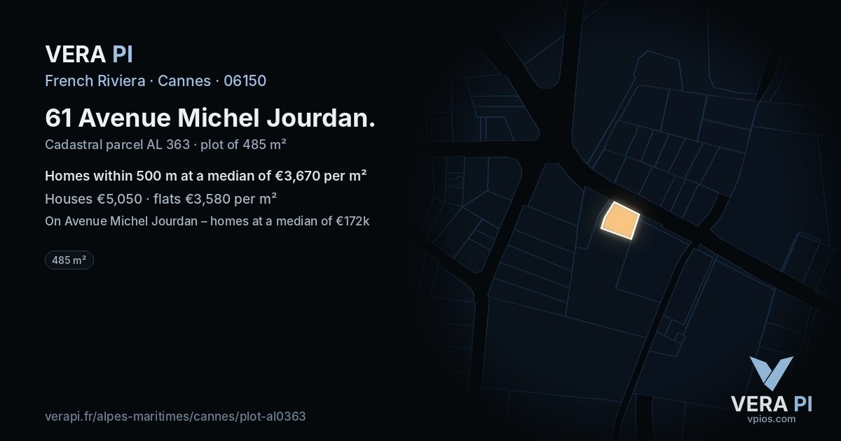 61 Avenue Michel Jourdan, Cannes at night – the plot lit, the parcels around coloured by the prices near them