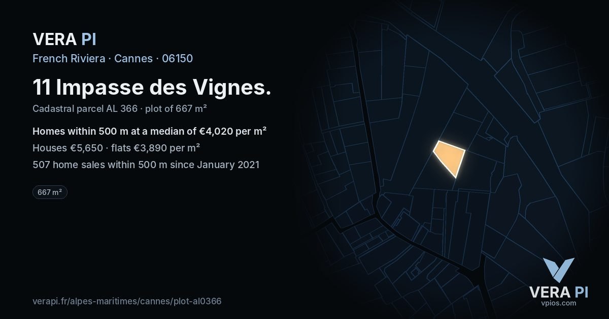 11 Impasse des Vignes, Cannes at night – the plot lit, the parcels around coloured by the prices near them