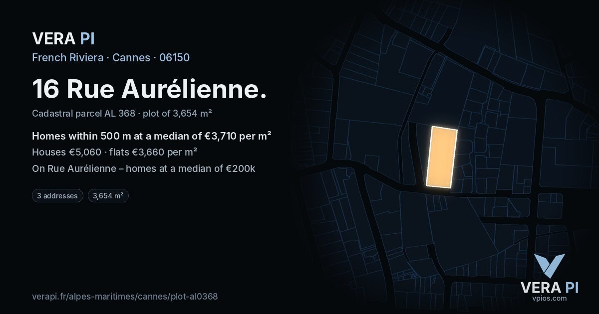 16 Rue Aurélienne, Cannes at night – the plot lit, the parcels around coloured by the prices near them
