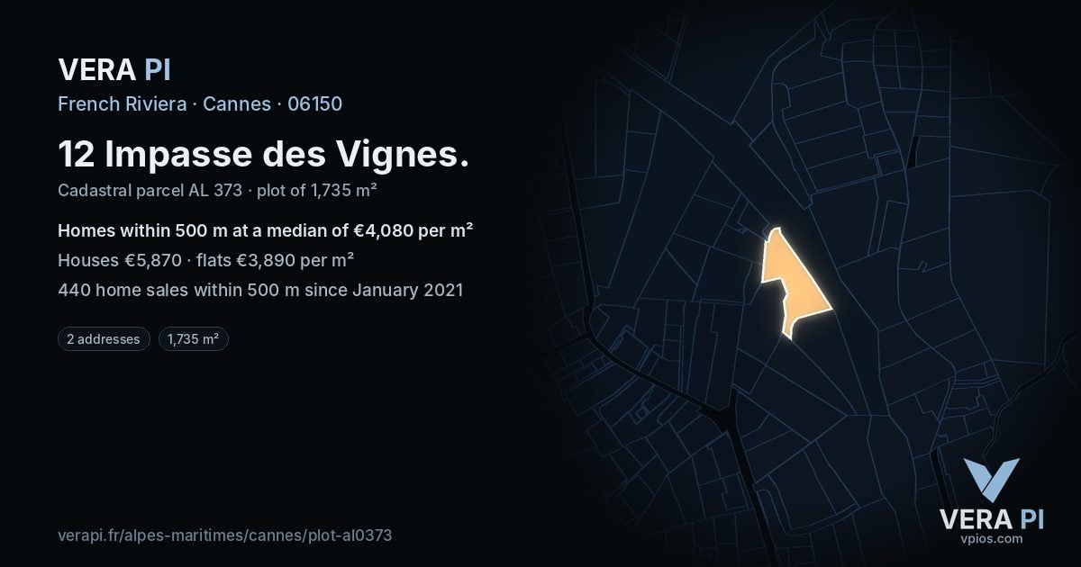 12 Impasse des Vignes, Cannes at night – the plot lit, the parcels around coloured by the prices near them