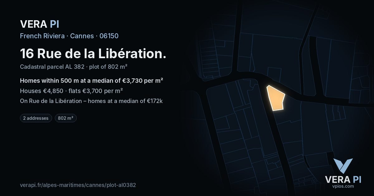 16 Rue de la Libération, Cannes at night – the plot lit, the parcels around coloured by the prices near them