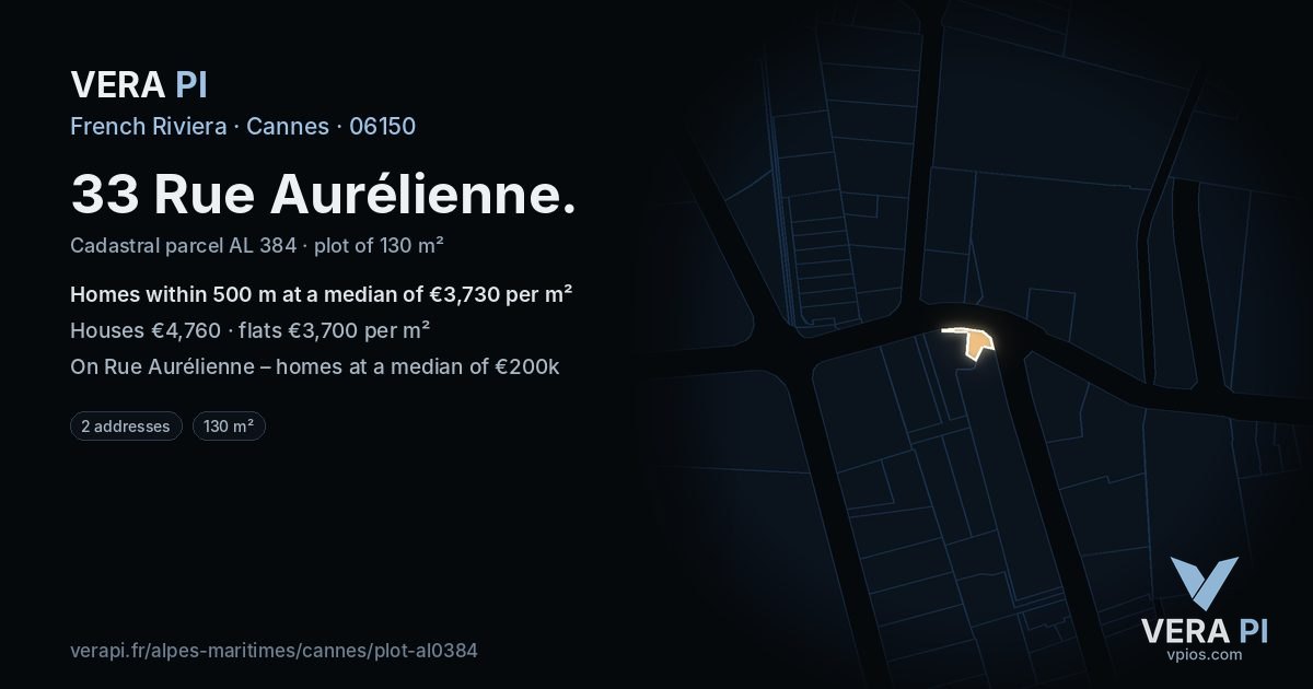 33 Rue Aurélienne, Cannes at night – the plot lit, the parcels around coloured by the prices near them