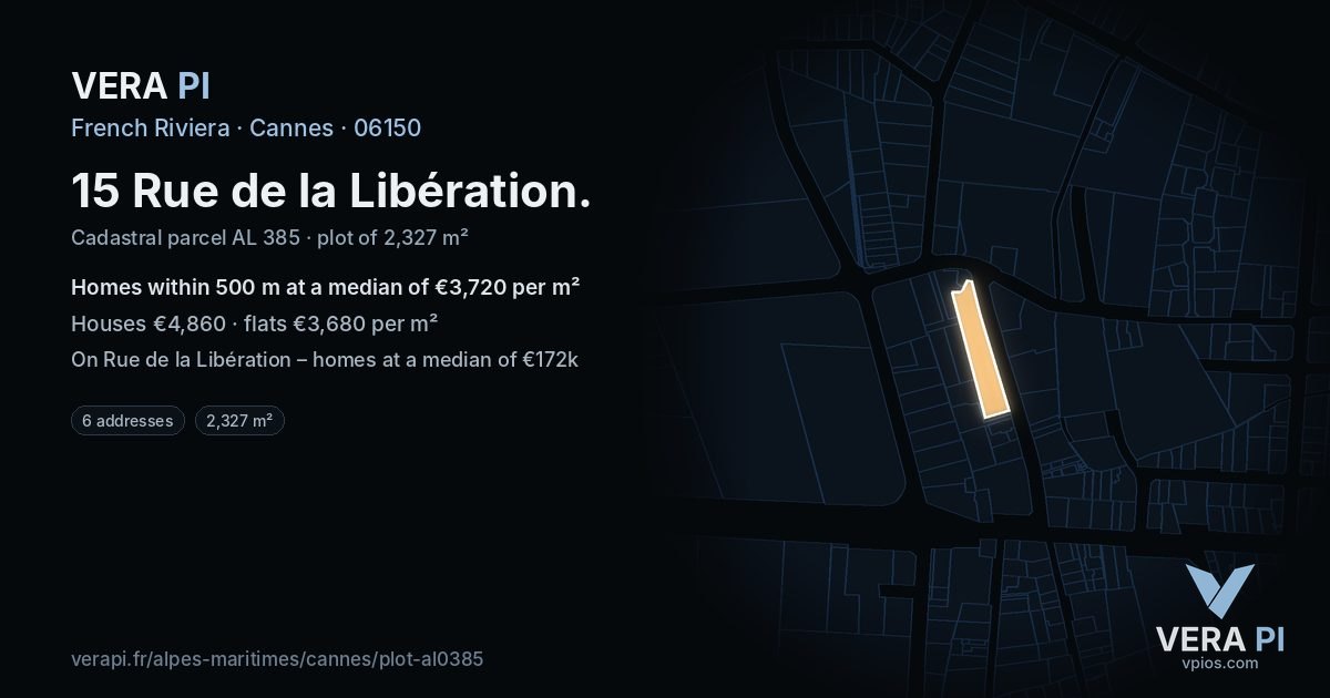 15 Rue de la Libération, Cannes at night – the plot lit, the parcels around coloured by the prices near them