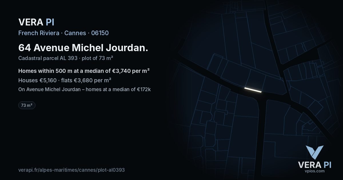 64 Avenue Michel Jourdan, Cannes at night – the plot lit, the parcels around coloured by the prices near them