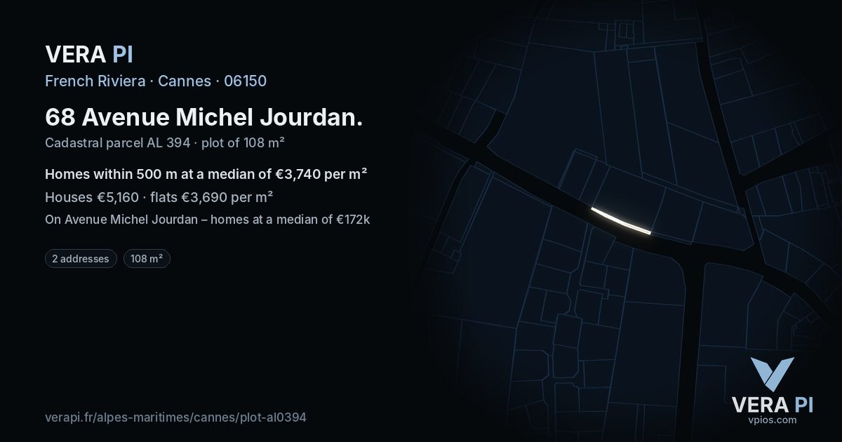 68 Avenue Michel Jourdan, Cannes at night – the plot lit, the parcels around coloured by the prices near them