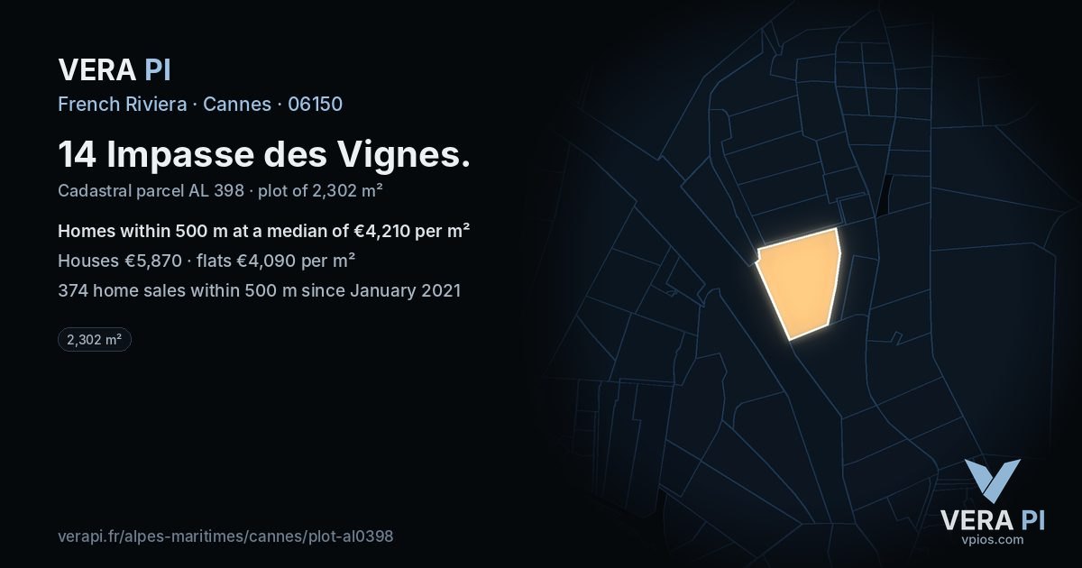 14 Impasse des Vignes, Cannes at night – the plot lit, the parcels around coloured by the prices near them