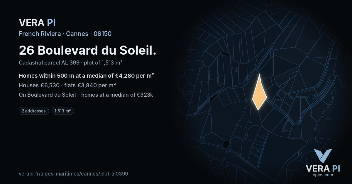 26 Boulevard du Soleil, Cannes at night – the plot lit, the parcels around coloured by the prices near them